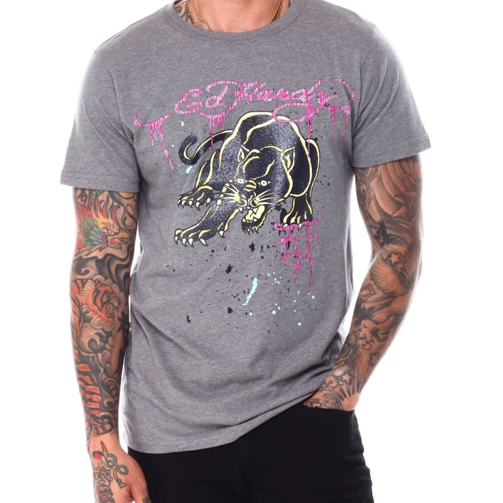 Ed Hardy Crouching Tiger Paint Spill Tee Grey